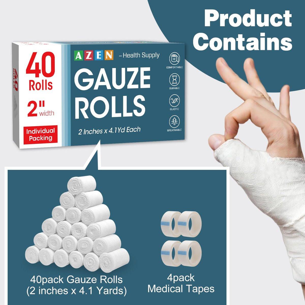 AZEN 40-teiliges Mullbinden-Set, 5 cm x 3,7 m, Premium medizinische Verbandsmaterialien & Erste-Hilfe-Zubehör, Bandage-Wrap, Tierverband, Mumienwickel