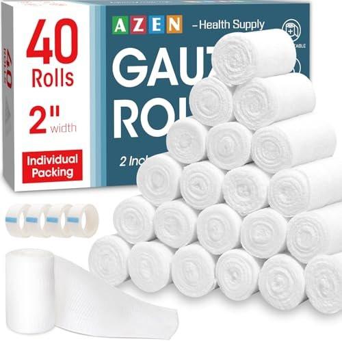 AZEN 40-teiliges Mullbinden-Set, 5 cm x 3,7 m, Premium medizinische Verbandsmaterialien & Erste-Hilfe-Zubehör, Bandage-Wrap, Tierverband, Mumienwickel