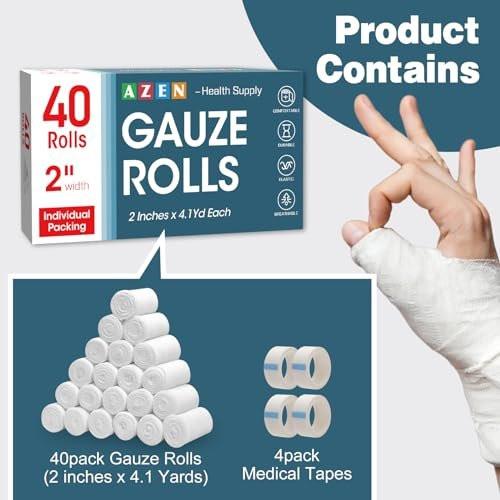 AZEN 40-teiliges Mullbinden-Set, 5 cm x 3,7 m, Premium medizinische Verbandsmaterialien & Erste-Hilfe-Zubehör, Bandage-Wrap, Tierverband, Mumienwickel