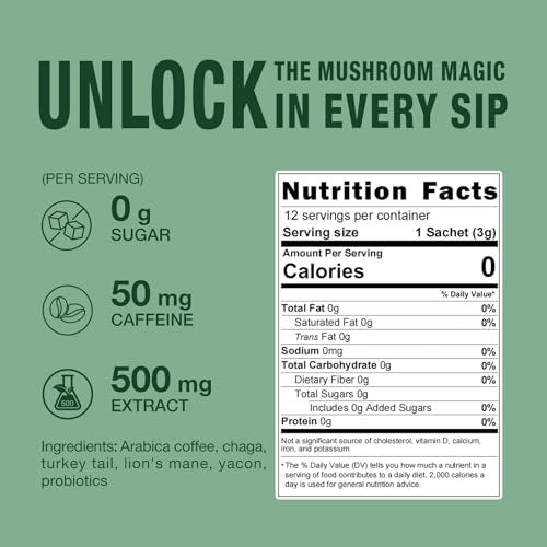ECO-TASTE Mushroom Coffee Mix für die Darmgesundheit mit Chaga, Löwenmähne, Truthahnschwanz, Yacon und Probiotika – 12 Beutel