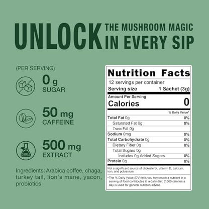 ECO-TASTE Mushroom Coffee Mix für die Darmgesundheit mit Chaga, Löwenmähne, Truthahnschwanz, Yacon und Probiotika – 12 Beutel