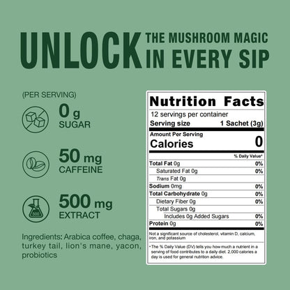 ECO-TASTE Mushroom Coffee Mix für die Darmgesundheit mit Chaga, Löwenmähne, Truthahnschwanz, Yacon und Probiotika – 12 Beutel