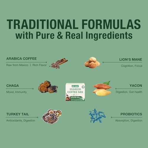 ECO-TASTE Mushroom Coffee Mix für die Darmgesundheit mit Chaga, Löwenmähne, Truthahnschwanz, Yacon und Probiotika – 12 Beutel