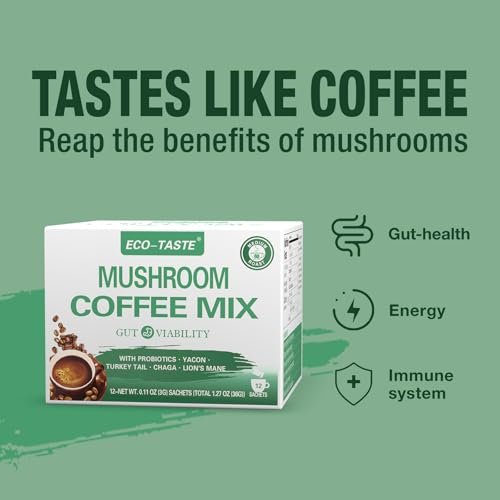 ECO-TASTE Mushroom Coffee Mix für die Darmgesundheit mit Chaga, Löwenmähne, Truthahnschwanz, Yacon und Probiotika – 12 Beutel