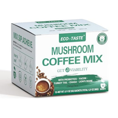 ECO-TASTE Mushroom Coffee Mix für die Darmgesundheit mit Chaga, Löwenmähne, Truthahnschwanz, Yacon und Probiotika – 12 Beutel