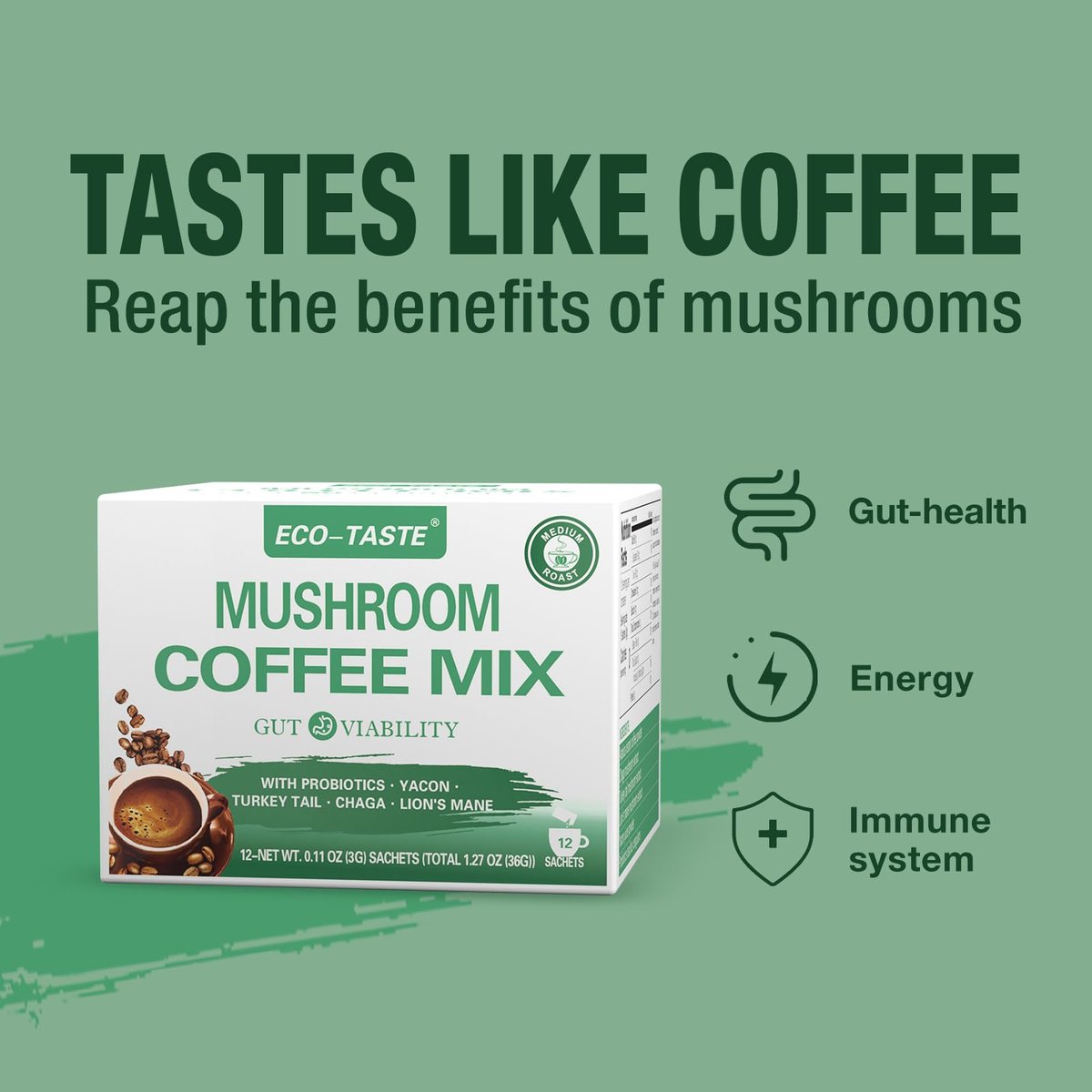 ECO-TASTE Mushroom Coffee Mix für die Darmgesundheit mit Chaga, Löwenmähne, Truthahnschwanz, Yacon und Probiotika – 12 Beutel