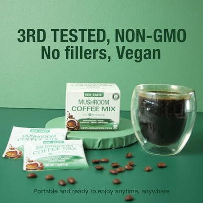 ECO-TASTE Mushroom Coffee Mix für die Darmgesundheit mit Chaga, Löwenmähne, Truthahnschwanz, Yacon und Probiotika – 12 Beutel