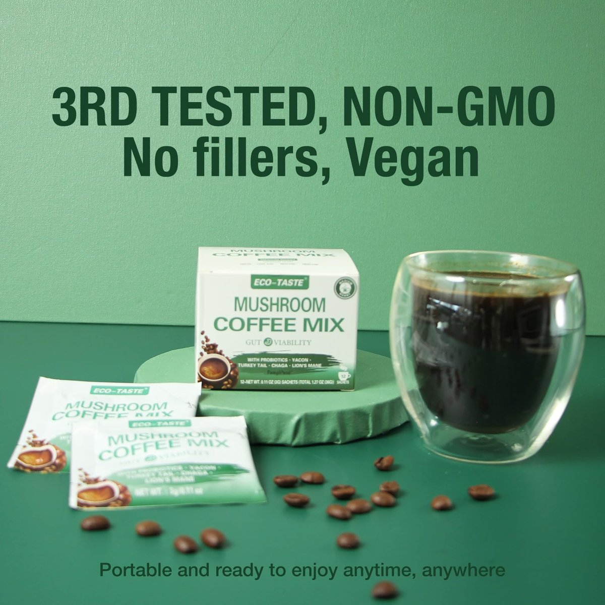 ECO-TASTE Mushroom Coffee Mix für die Darmgesundheit mit Chaga, Löwenmähne, Truthahnschwanz, Yacon und Probiotika – 12 Beutel