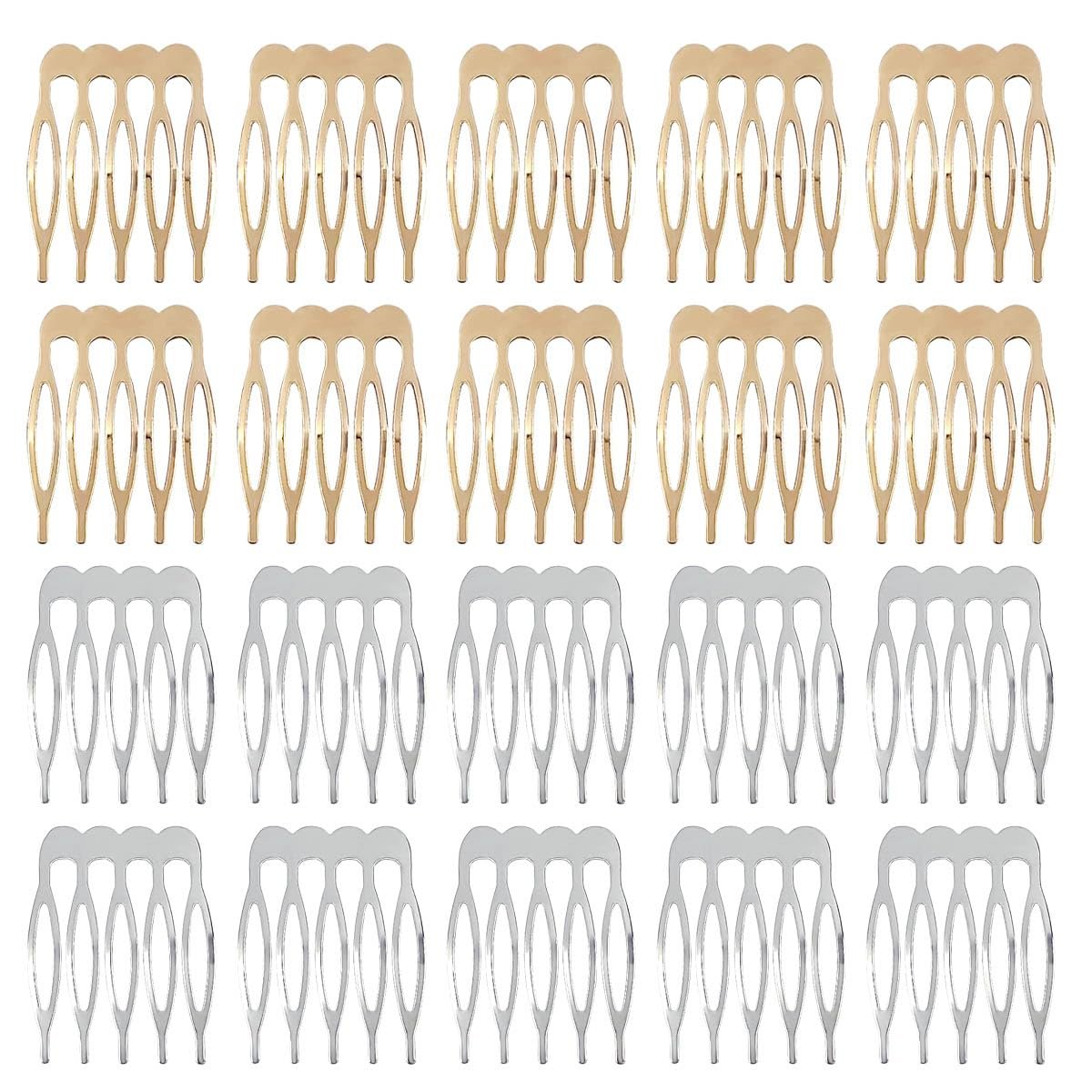 Qoaimu 20er-Pack Haarseitenkämme - 5 Zinken, kleine Metallkämme für DIY und Feines Haar, Braut- und Hochzeitsschleier - Silber und Gold