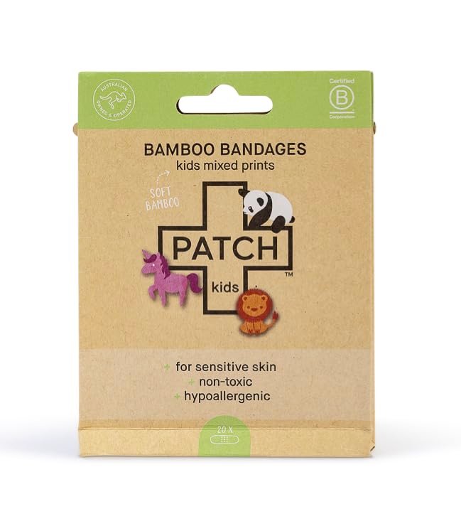 PATCH natürliche umweltfreundliche Bambus-Pflaster für empfindliche Haut, niedliche Kinderdrucke, hypoallergen, kompostierbar, biologisch abbaubar, latexfrei und plastikfrei, 20er-Pack