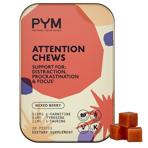PYM Attention Chews – Konzentrationshilfe gegen Prokrastination, Fokus & Produktivität, 20 Stück | 518 mg L-Carnitin, 54 mg Tyrosin, 11 mg L-Taurin, Koffeinfrei | Natürliche Stimmungsaufheller, hergestellt in den USA