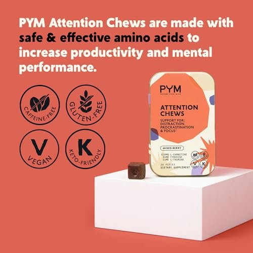 PYM Attention Chews – Konzentrationshilfe gegen Prokrastination, Fokus & Produktivität, 20 Stück | 518 mg L-Carnitin, 54 mg Tyrosin, 11 mg L-Taurin, Koffeinfrei | Natürliche Stimmungsaufheller, hergestellt in den USA