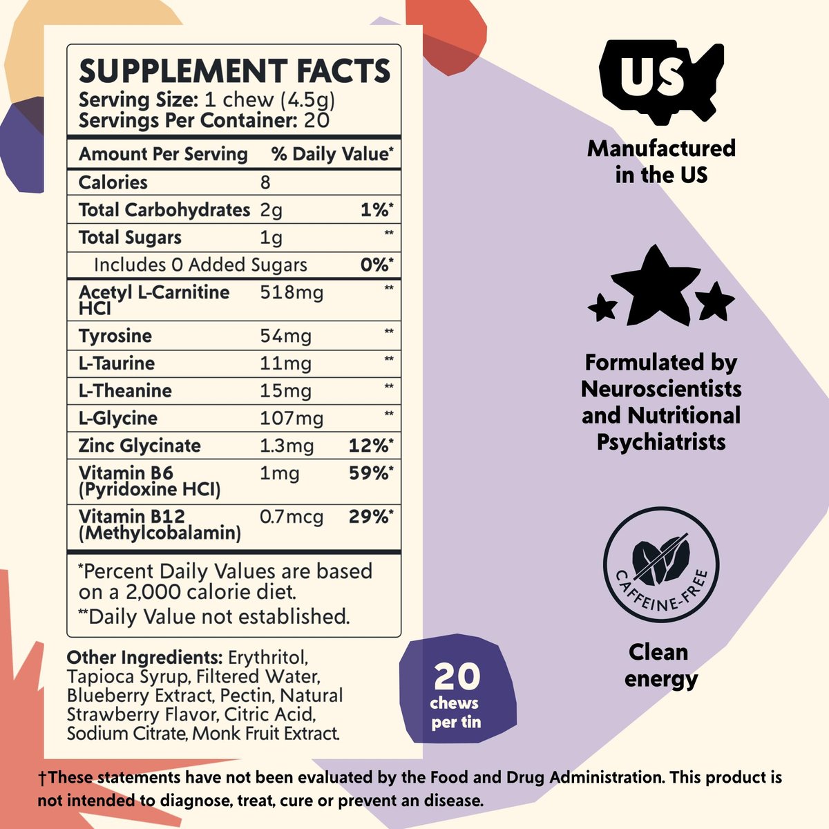 PYM Attention Chews – Konzentrationshilfe gegen Prokrastination, Fokus & Produktivität, 20 Stück | 518 mg L-Carnitin, 54 mg Tyrosin, 11 mg L-Taurin, Koffeinfrei | Natürliche Stimmungsaufheller, hergestellt in den USA