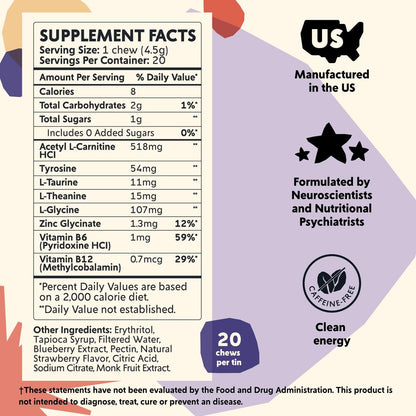 PYM Attention Chews – Konzentrationshilfe gegen Prokrastination, Fokus & Produktivität, 20 Stück | 518 mg L-Carnitin, 54 mg Tyrosin, 11 mg L-Taurin, Koffeinfrei | Natürliche Stimmungsaufheller, hergestellt in den USA