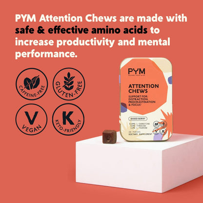 PYM Attention Chews – Konzentrationshilfe gegen Prokrastination, Fokus & Produktivität, 20 Stück | 518 mg L-Carnitin, 54 mg Tyrosin, 11 mg L-Taurin, Koffeinfrei | Natürliche Stimmungsaufheller, hergestellt in den USA