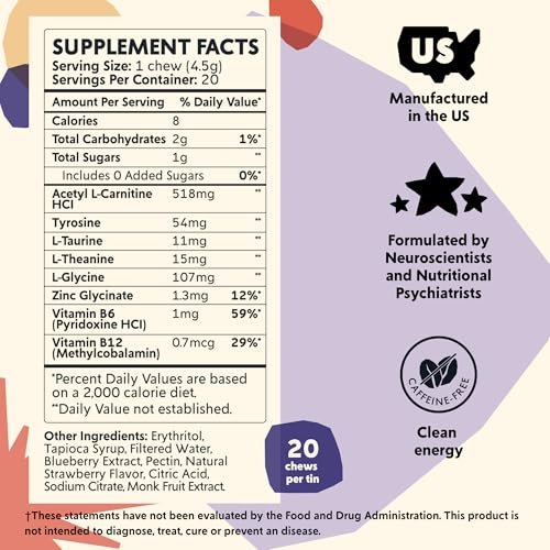 PYM Attention Chews – Konzentrationshilfe gegen Prokrastination, Fokus & Produktivität, 20 Stück | 518 mg L-Carnitin, 54 mg Tyrosin, 11 mg L-Taurin, Koffeinfrei | Natürliche Stimmungsaufheller, hergestellt in den USA