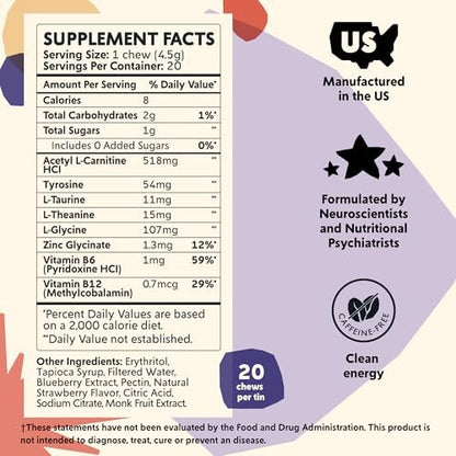 PYM Attention Chews – Konzentrationshilfe gegen Prokrastination, Fokus & Produktivität, 20 Stück | 518 mg L-Carnitin, 54 mg Tyrosin, 11 mg L-Taurin, Koffeinfrei | Natürliche Stimmungsaufheller, hergestellt in den USA