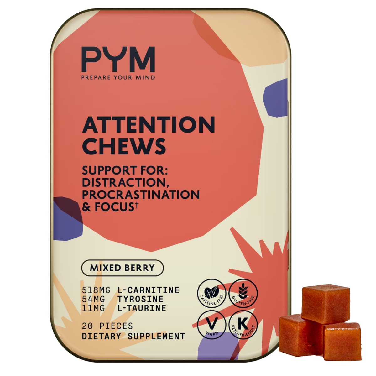 PYM Attention Chews – Konzentrationshilfe gegen Prokrastination, Fokus & Produktivität, 20 Stück | 518 mg L-Carnitin, 54 mg Tyrosin, 11 mg L-Taurin, Koffeinfrei | Natürliche Stimmungsaufheller, hergestellt in den USA