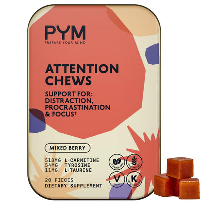 PYM Attention Chews – Konzentrationshilfe gegen Prokrastination, Fokus & Produktivität, 20 Stück | 518 mg L-Carnitin, 54 mg Tyrosin, 11 mg L-Taurin, Koffeinfrei | Natürliche Stimmungsaufheller, hergestellt in den USA