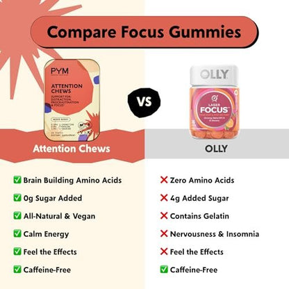 PYM Attention Chews – Konzentrationshilfe gegen Prokrastination, Fokus & Produktivität, 20 Stück | 518 mg L-Carnitin, 54 mg Tyrosin, 11 mg L-Taurin, Koffeinfrei | Natürliche Stimmungsaufheller, hergestellt in den USA
