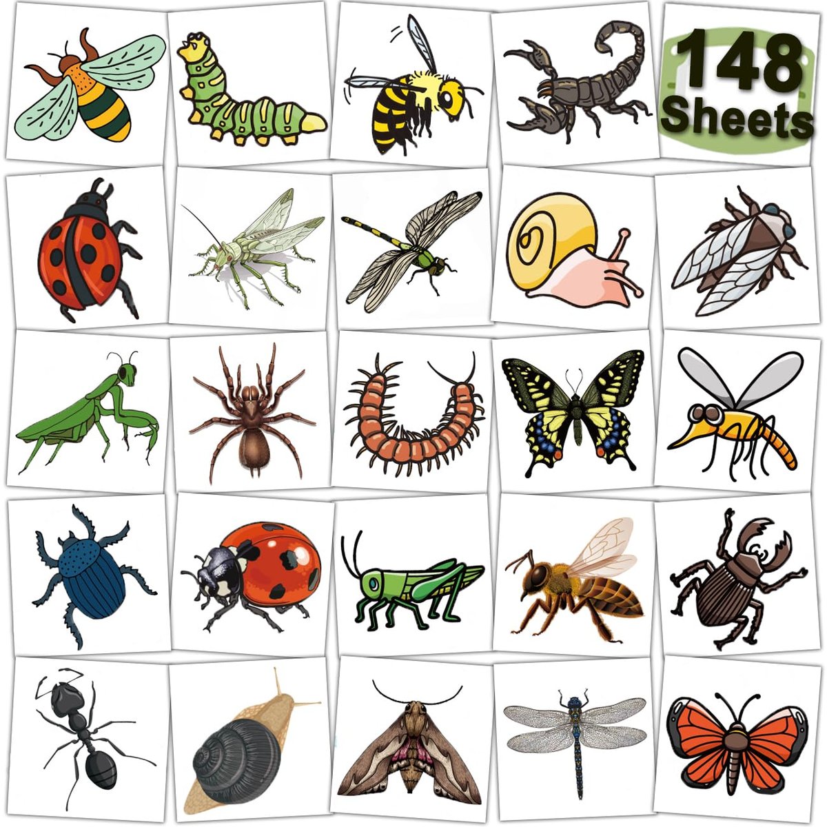 CHARLENT 148 einzeln verpackte Insekten-Tattoos für Kinder – Temporäre Tattoos für Geburtstagspartys und Goodie Bags