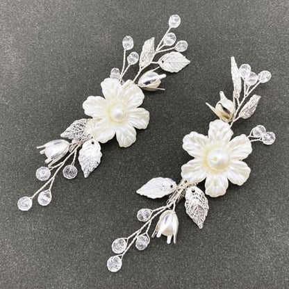 PRETTYLIFE Perlen-Blumen-Haarclips 2er-Pack Elfenbeinfarben Silberblatt-Reben-Haarschmuck für Hochzeit Frauen