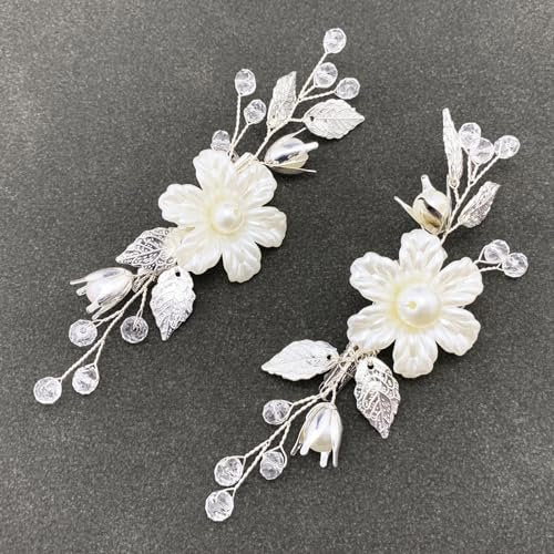 PRETTYLIFE Perlen-Blumen-Haarclips 2er-Pack Elfenbeinfarben Silberblatt-Reben-Haarschmuck für Hochzeit Frauen