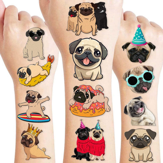 96 Stück Mops Temporäre Tattoos für Kinder - Vorgeschnittene Niedliche Hundewelpen Aufkleber für Geburtstagsfeier-Geschenke, Dekorationen, Schulbelohnungen & Geschenke für Jungen und Mädchen