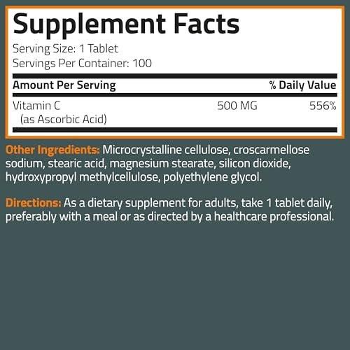 Bronson Vitamin C 500 mg – Unterstützt ein gesundes Immunsystem & antioxidativer Schutz, Non-GMO, 100 vegetarische Tabletten