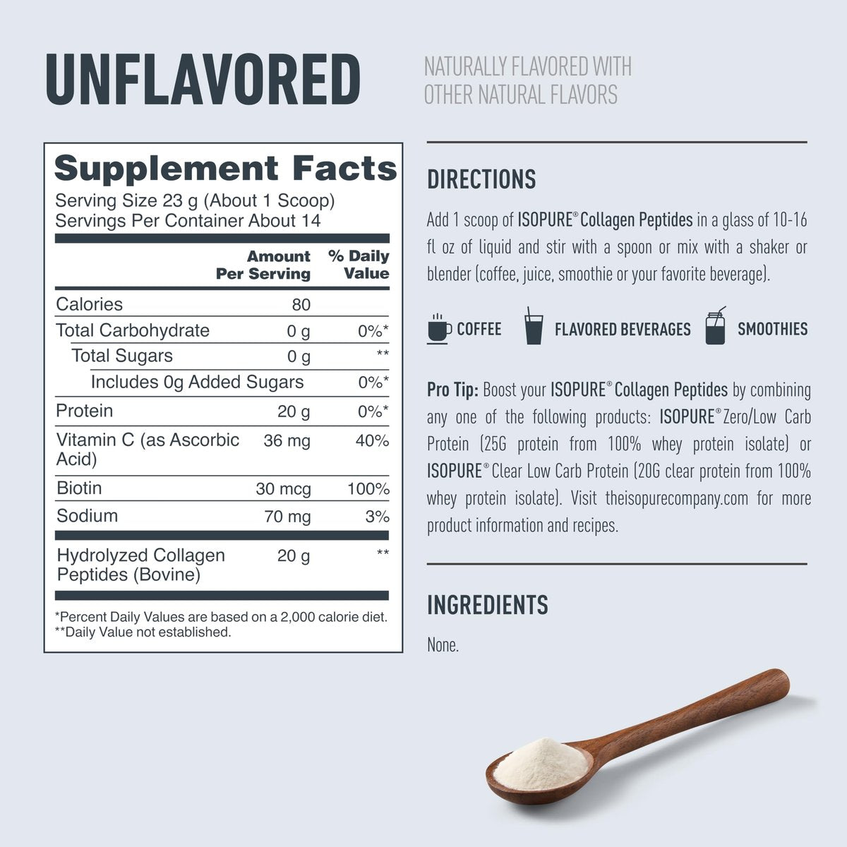 Isopure 20g Grass-Fed Collagen Peptide mit Biotin + Vitamin C – Unterstützt Haut, Haare, Nägel & Gelenke – Ungesüßt, Keto-freundliches Kollagenpulver, 14 Portionen