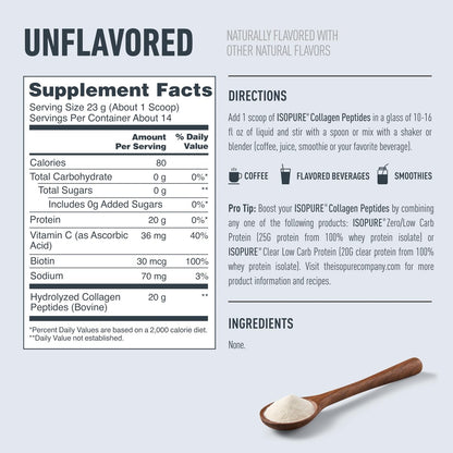 Isopure 20g Grass-Fed Collagen Peptide mit Biotin + Vitamin C – Unterstützt Haut, Haare, Nägel & Gelenke – Ungesüßt, Keto-freundliches Kollagenpulver, 14 Portionen