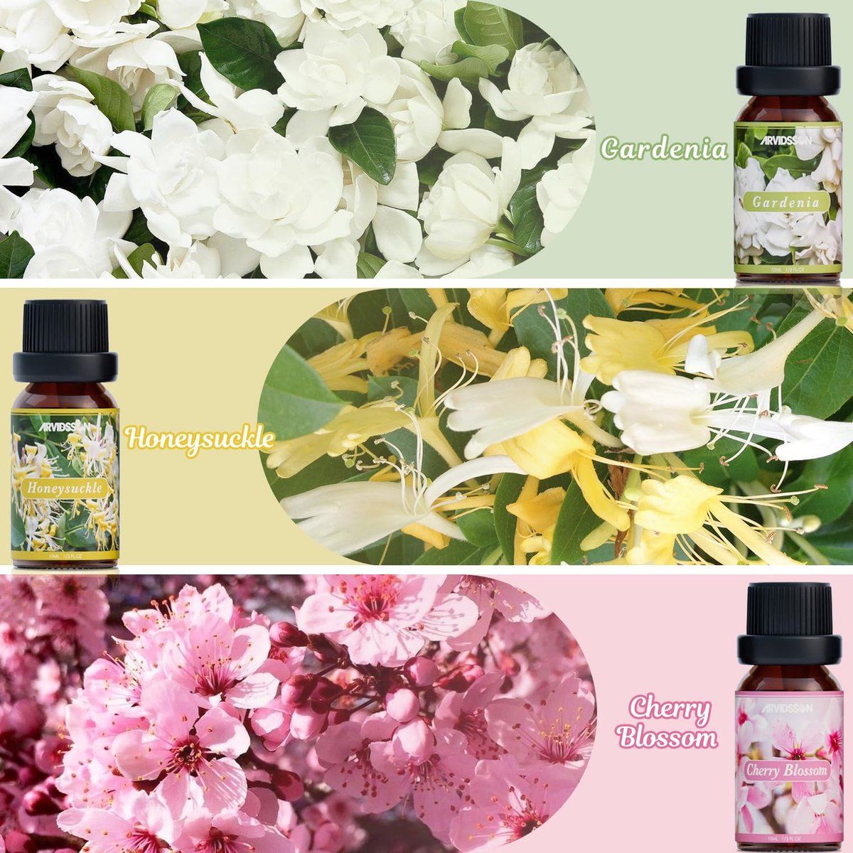 ARVIDSSON Blumige ätherische Öle Set – natürliches Blumenöl-Geschenk für Frauen – Rose, Gardenie, Kirschblüte, Geißblatt, Flieder, Blaue Lotus – Duftöl für Diffuser – Valentinstag Geschenk für Sie