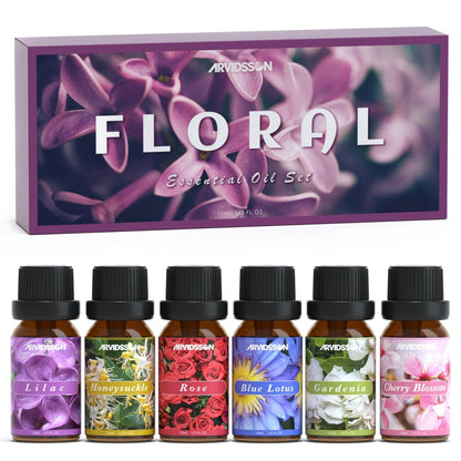 ARVIDSSON Blumige ätherische Öle Set – natürliches Blumenöl-Geschenk für Frauen – Rose, Gardenie, Kirschblüte, Geißblatt, Flieder, Blaue Lotus – Duftöl für Diffuser – Valentinstag Geschenk für Sie