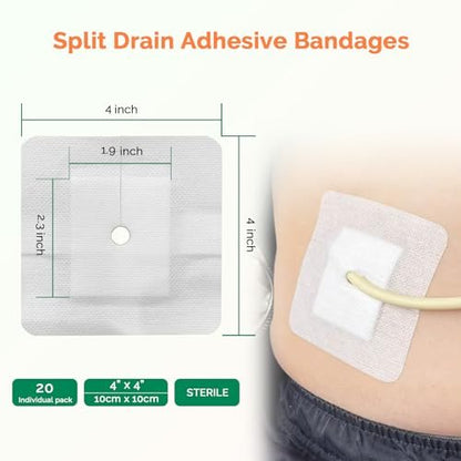 Split Drain Klebeverbände 10 x 10 cm, 20 Stück - PD-Katheter, Ernährungssonde, G-Sonden-Abdeckung, Foley-Schlauch-Stabilisierungsvorrichtung, Peritonealdialyse-Zubehör, Katheter-Pflaster