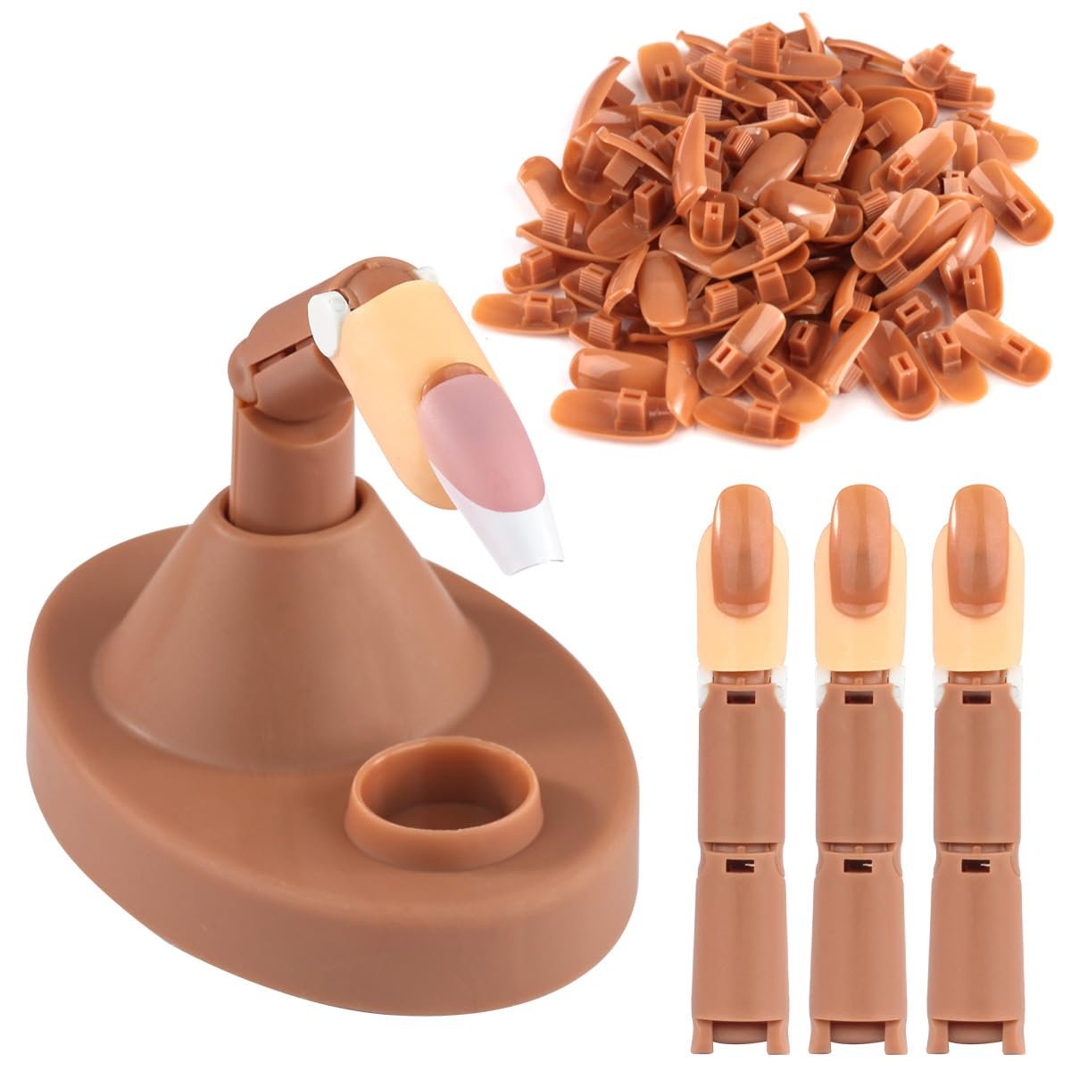 BORNBYME Acryl-Nagel-Übungsfinger-Set – Verstellbare Trainingsfinger mit Standfuß, 100 braune Nagelspitzen für Nageldesign-Anfänger