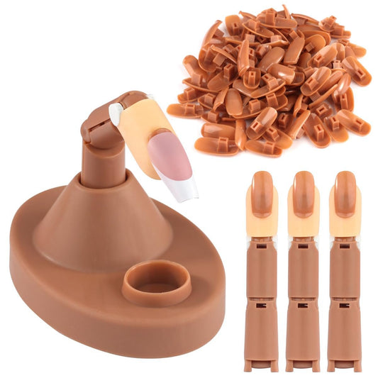 BORNBYME Acryl-Nagel-Übungsfinger-Set – Verstellbare Trainingsfinger mit Standfuß, 100 braune Nagelspitzen für Nageldesign-Anfänger