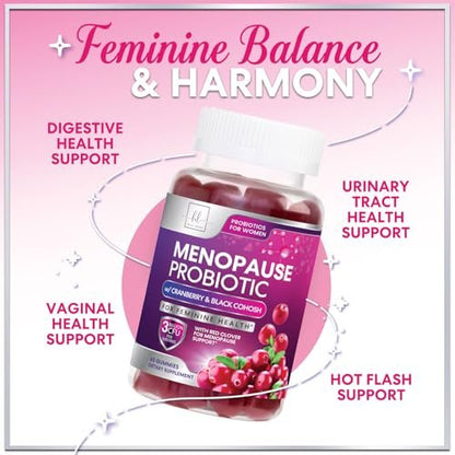 Menopause Gummies für Frauen – Black Cohosh, Cranberry, 3 Mrd. KBE Probiotika pro Portion – Komplette Linderung von Hitzewallungen, Nachtschweiß, Unterstützung der Vaginalgesundheit – 60 Gummis