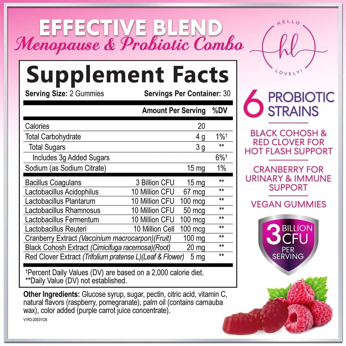 Menopause Gummies für Frauen – Black Cohosh, Cranberry, 3 Mrd. KBE Probiotika pro Portion – Komplette Linderung von Hitzewallungen, Nachtschweiß, Unterstützung der Vaginalgesundheit – 60 Gummis