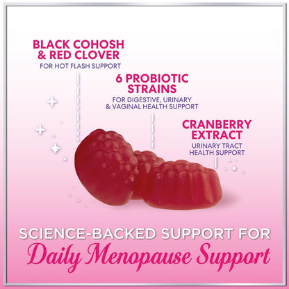 Menopause Gummies für Frauen – Black Cohosh, Cranberry, 3 Mrd. KBE Probiotika pro Portion – Komplette Linderung von Hitzewallungen, Nachtschweiß, Unterstützung der Vaginalgesundheit – 60 Gummis