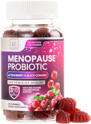 Menopause Gummies für Frauen – Black Cohosh, Cranberry, 3 Mrd. KBE Probiotika pro Portion – Komplette Linderung von Hitzewallungen, Nachtschweiß, Unterstützung der Vaginalgesundheit – 60 Gummis