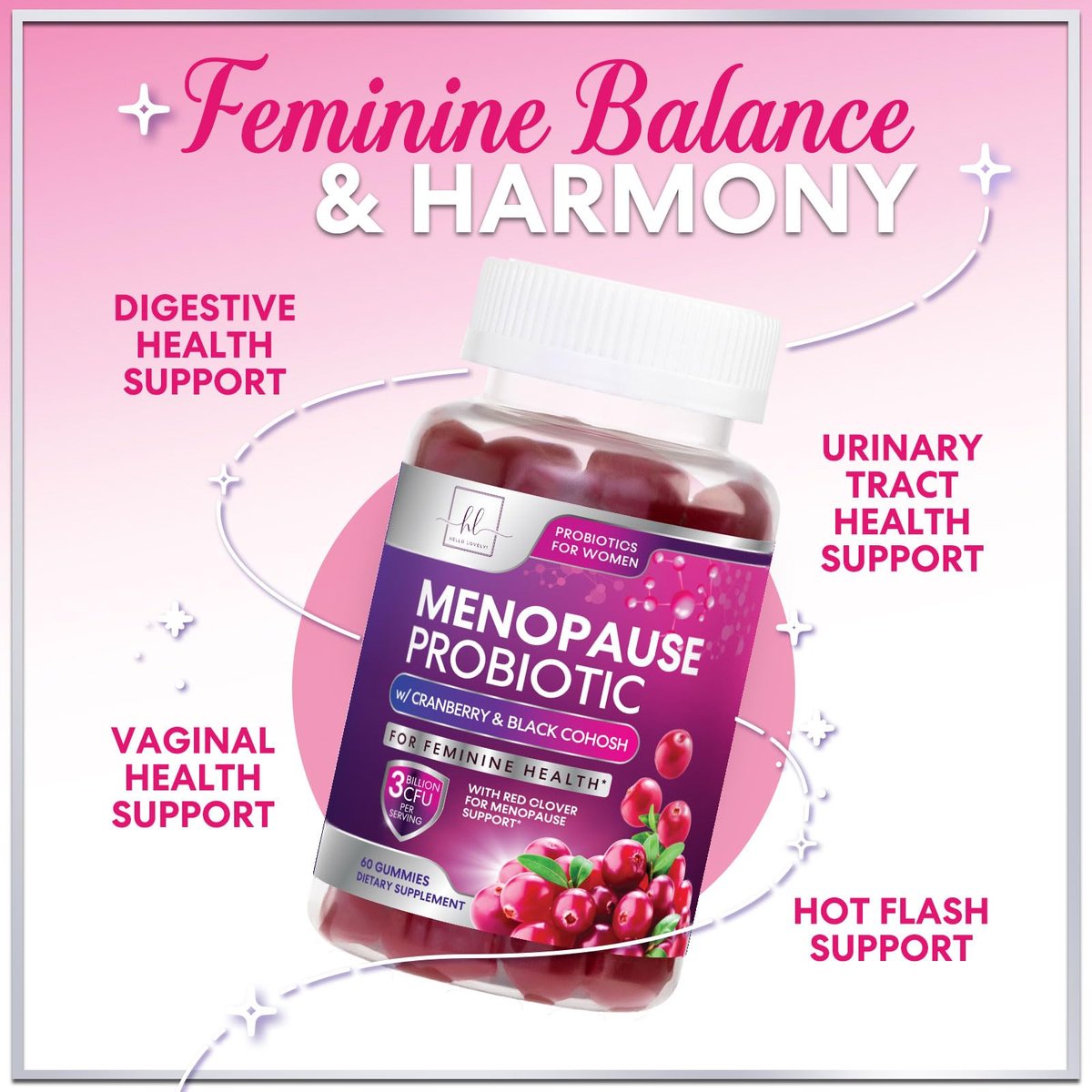 Menopause Gummies für Frauen – Black Cohosh, Cranberry, 3 Mrd. KBE Probiotika pro Portion – Komplette Linderung von Hitzewallungen, Nachtschweiß, Unterstützung der Vaginalgesundheit – 60 Gummis