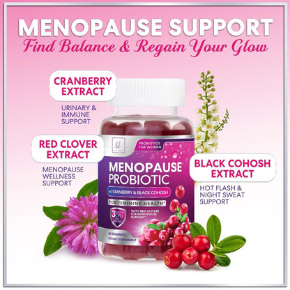 Menopause Gummies für Frauen – Black Cohosh, Cranberry, 3 Mrd. KBE Probiotika pro Portion – Komplette Linderung von Hitzewallungen, Nachtschweiß, Unterstützung der Vaginalgesundheit – 60 Gummis