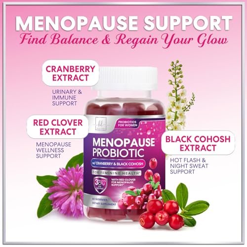 Menopause Gummies für Frauen – Black Cohosh, Cranberry, 3 Mrd. KBE Probiotika pro Portion – Komplette Linderung von Hitzewallungen, Nachtschweiß, Unterstützung der Vaginalgesundheit – 60 Gummis