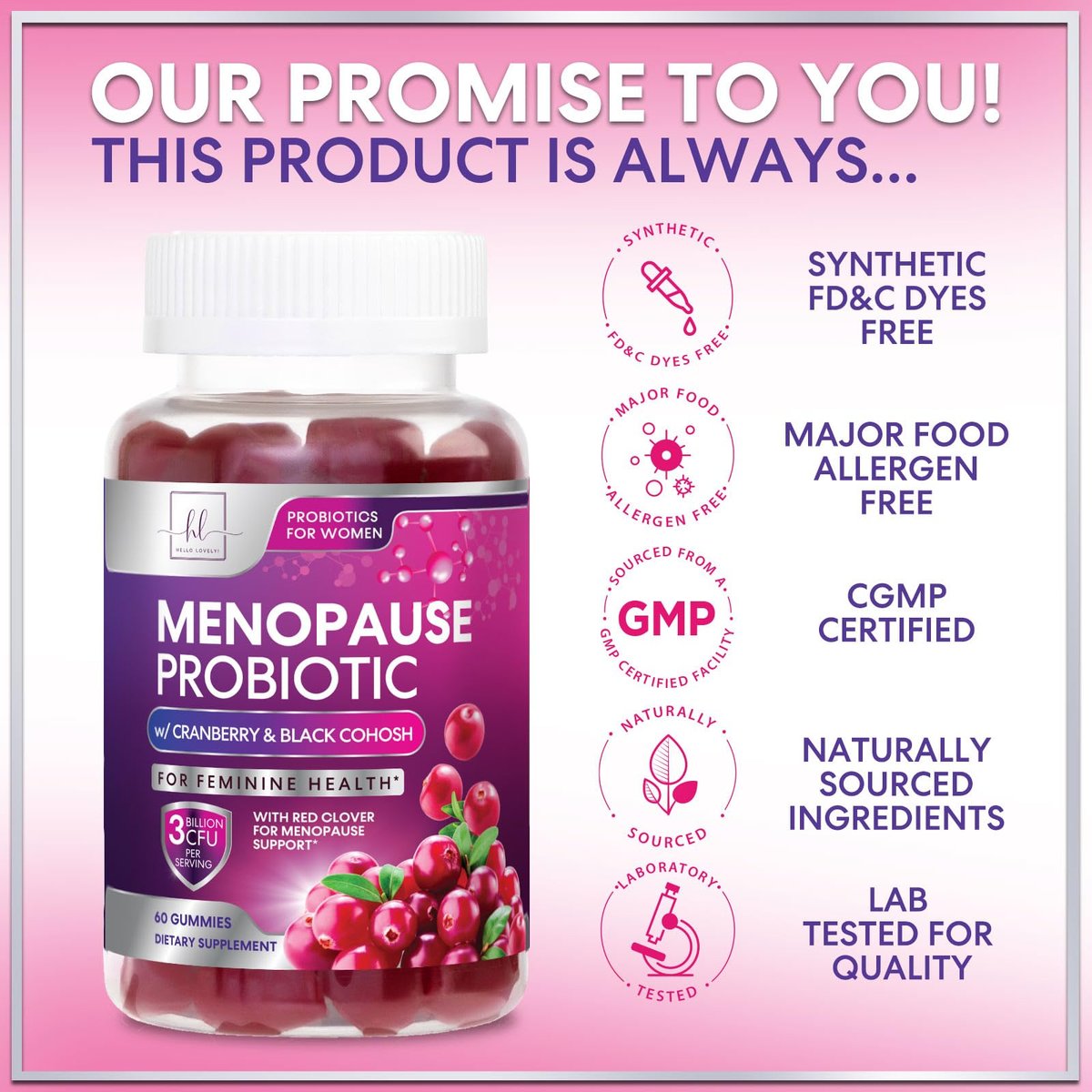 Menopause Gummies für Frauen – Black Cohosh, Cranberry, 3 Mrd. KBE Probiotika pro Portion – Komplette Linderung von Hitzewallungen, Nachtschweiß, Unterstützung der Vaginalgesundheit – 60 Gummis