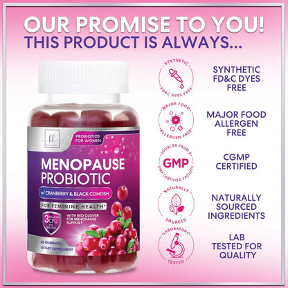Menopause Gummies für Frauen – Black Cohosh, Cranberry, 3 Mrd. KBE Probiotika pro Portion – Komplette Linderung von Hitzewallungen, Nachtschweiß, Unterstützung der Vaginalgesundheit – 60 Gummis