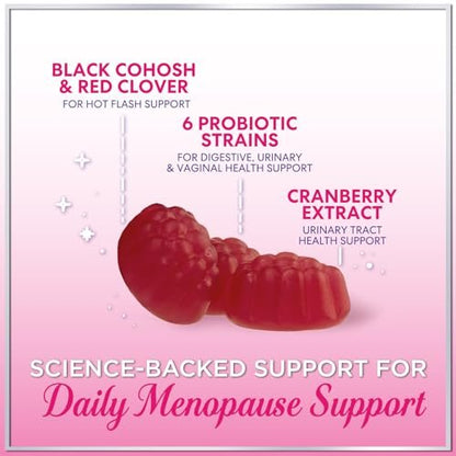 Menopause Gummies für Frauen – Black Cohosh, Cranberry, 3 Mrd. KBE Probiotika pro Portion – Komplette Linderung von Hitzewallungen, Nachtschweiß, Unterstützung der Vaginalgesundheit – 60 Gummis