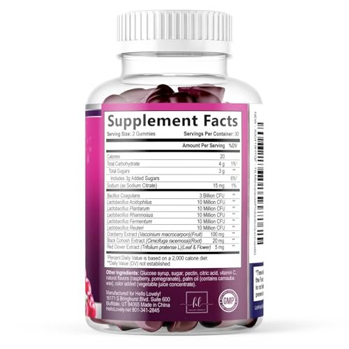 Menopause Gummies für Frauen – Black Cohosh, Cranberry, 3 Mrd. KBE Probiotika pro Portion – Komplette Linderung von Hitzewallungen, Nachtschweiß, Unterstützung der Vaginalgesundheit – 60 Gummis