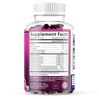 Menopause Gummies für Frauen – Black Cohosh, Cranberry, 3 Mrd. KBE Probiotika pro Portion – Komplette Linderung von Hitzewallungen, Nachtschweiß, Unterstützung der Vaginalgesundheit – 60 Gummis