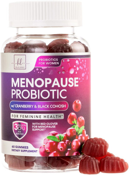 Menopause Gummies für Frauen – Black Cohosh, Cranberry, 3 Mrd. KBE Probiotika pro Portion – Komplette Linderung von Hitzewallungen, Nachtschweiß, Unterstützung der Vaginalgesundheit – 60 Gummis
