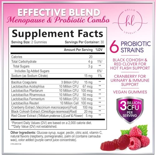 Menopause Gummies für Frauen – Black Cohosh, Cranberry, 3 Mrd. KBE Probiotika pro Portion – Komplette Linderung von Hitzewallungen, Nachtschweiß, Unterstützung der Vaginalgesundheit – 60 Gummis